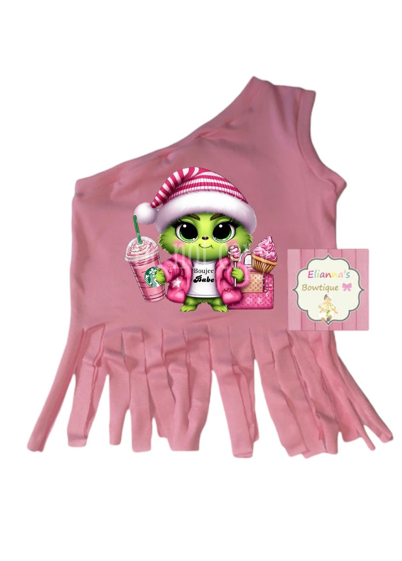 Baby grinch one shoulder top /fringe  /christmas