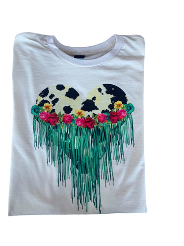 Cowhide heart shirt / kids/ adults / western style / vaca/ turquoise fringe