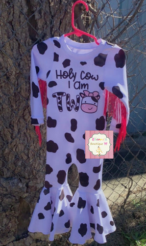 Cow birthday romper/ cow outfit/ bell bottom romper/ holy cow i'm two