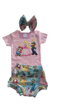 Cargar imagen en el visor de la galería, Super Mario Bros outfit Set headwrap,bummie and Shirt/peach outfit - Elianna's Bowtique