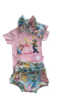 Cargar imagen en el visor de la galería, Super Mario Bros outfit Set headwrap,bummie and Shirt/peach outfit - Elianna's Bowtique