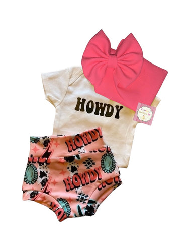 Howdy outfit set headwrap , bummie and shirt/ western style
