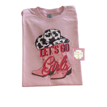 Load image into Gallery viewer, Let&#39;s go girls  shirt/cowgirl boot/ cow print