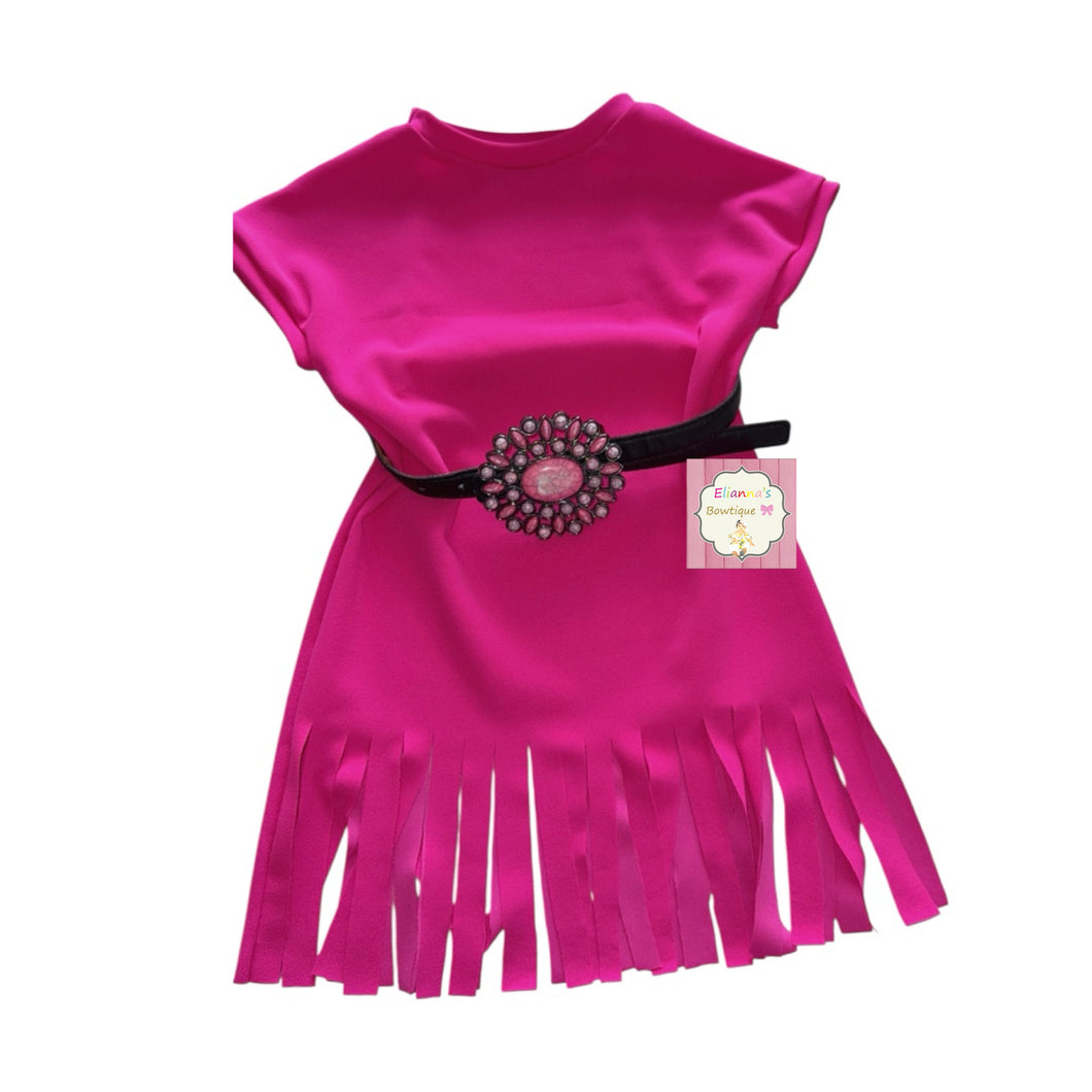 pink fringe dress western Pink String Him Along Fringe Dress | XS | One Shoulder Fringe Dress with Side Cut-Out