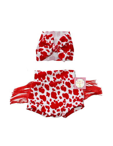 Baby set cow print headwrap  and fringe bummies /vaca/ red cow print