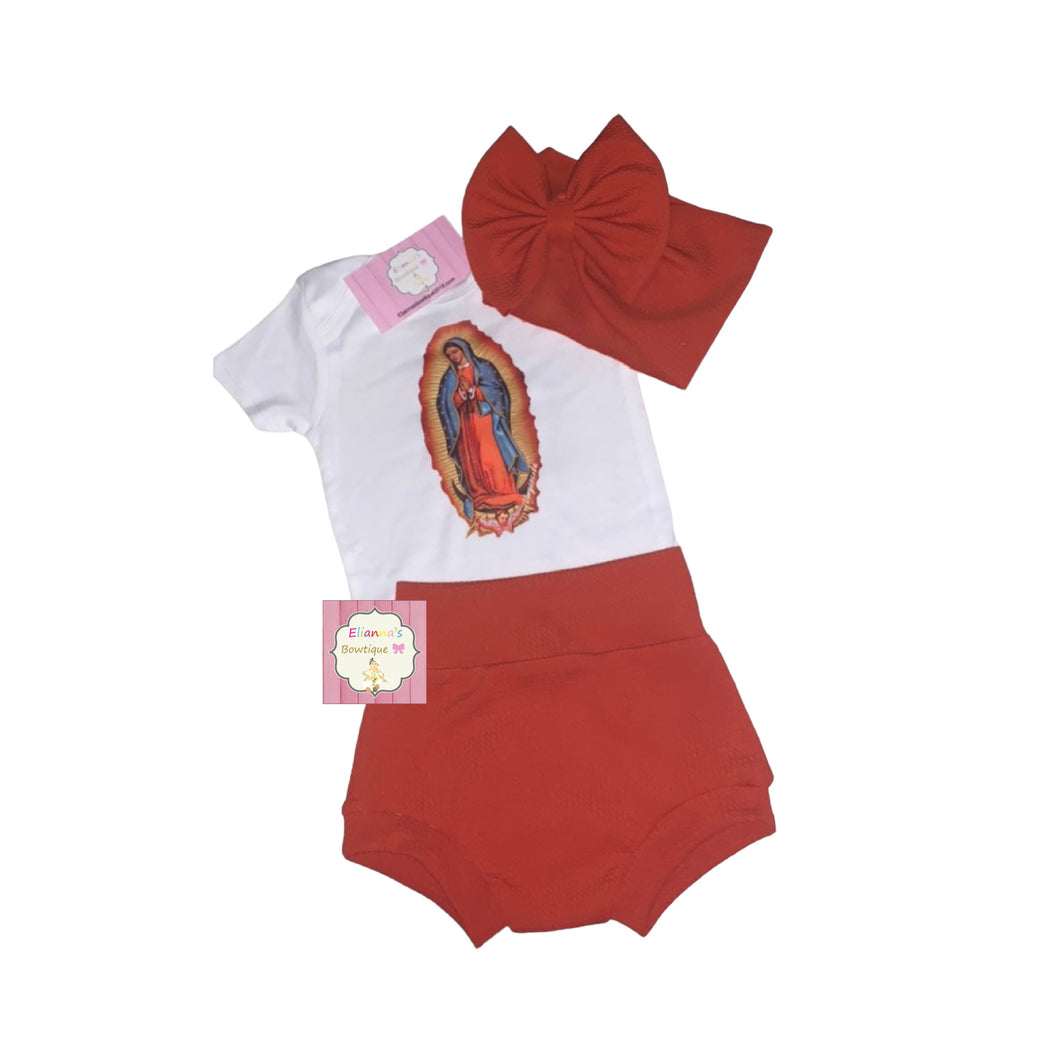 Virgen de Guadalupe set headwrap,bummie and shirt/