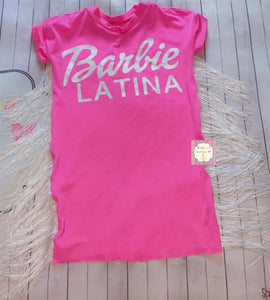 Pink Barbie dress/barbie latina /fringe tshirt dress