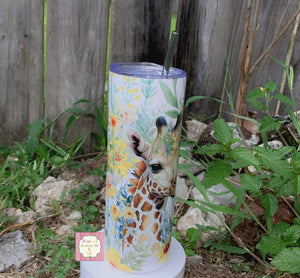 Giraffe tumbler cup/ flowers/ girafa