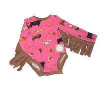 Load image into Gallery viewer, Pink bull cow fringe leotard /cattle/rodeo/leotardo/toros/EXCLUSIVE