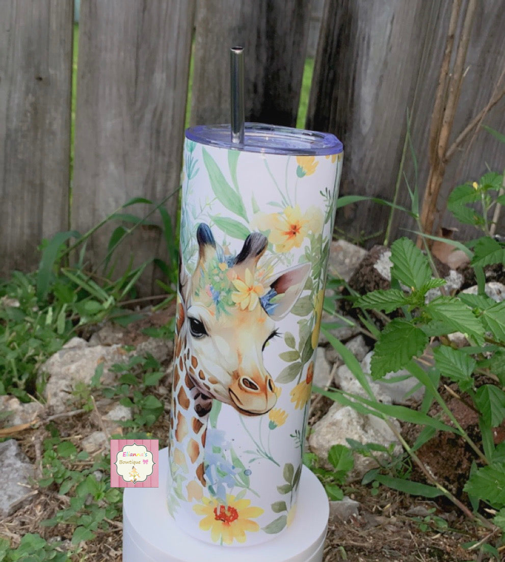 Giraffe tumbler cup/ flowers/ girafa