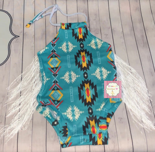 Aztec print  halter leotard/fringe /leotardo