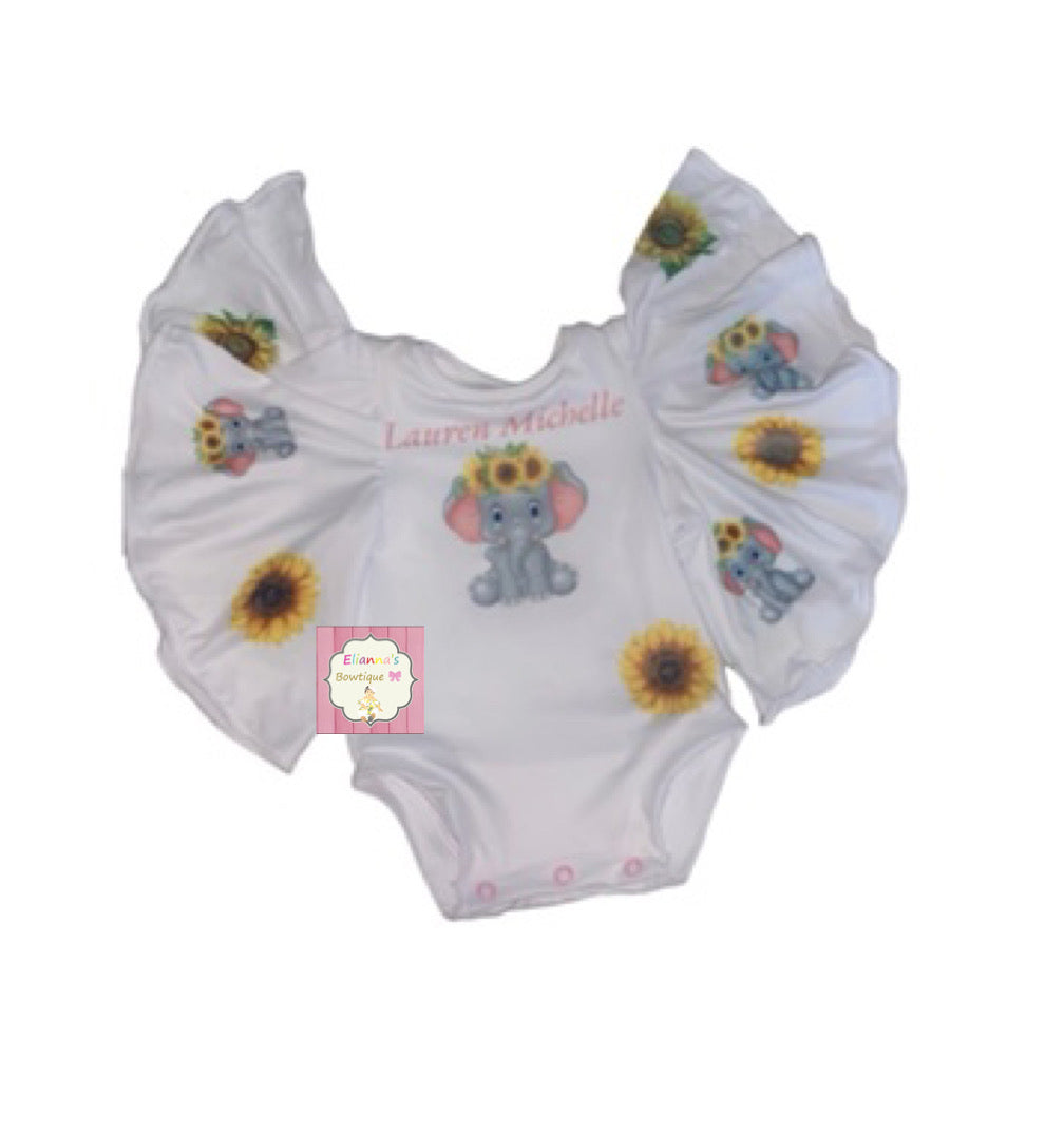 Custom name bell sleeve leotard/leotardo/sunflowers/ girasol