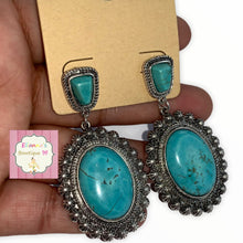 Load image into Gallery viewer, Rosemead Silvertone Framed Turquoise Earrings