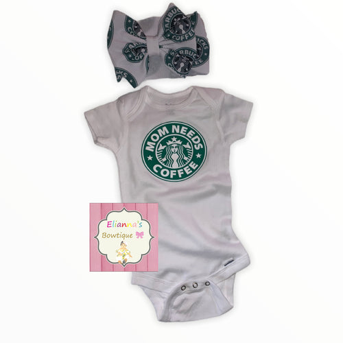 Baby set headwrap and onesie Mom needs coffee / onesies