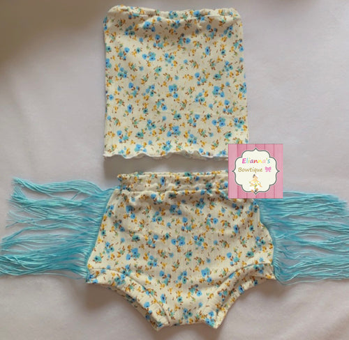 Blue Floral set Tube Top &  bummie/fringe bummies