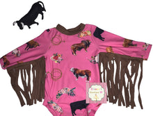 Load image into Gallery viewer, Pink bull cow fringe leotard /cattle/rodeo/leotardo/toros/EXCLUSIVE