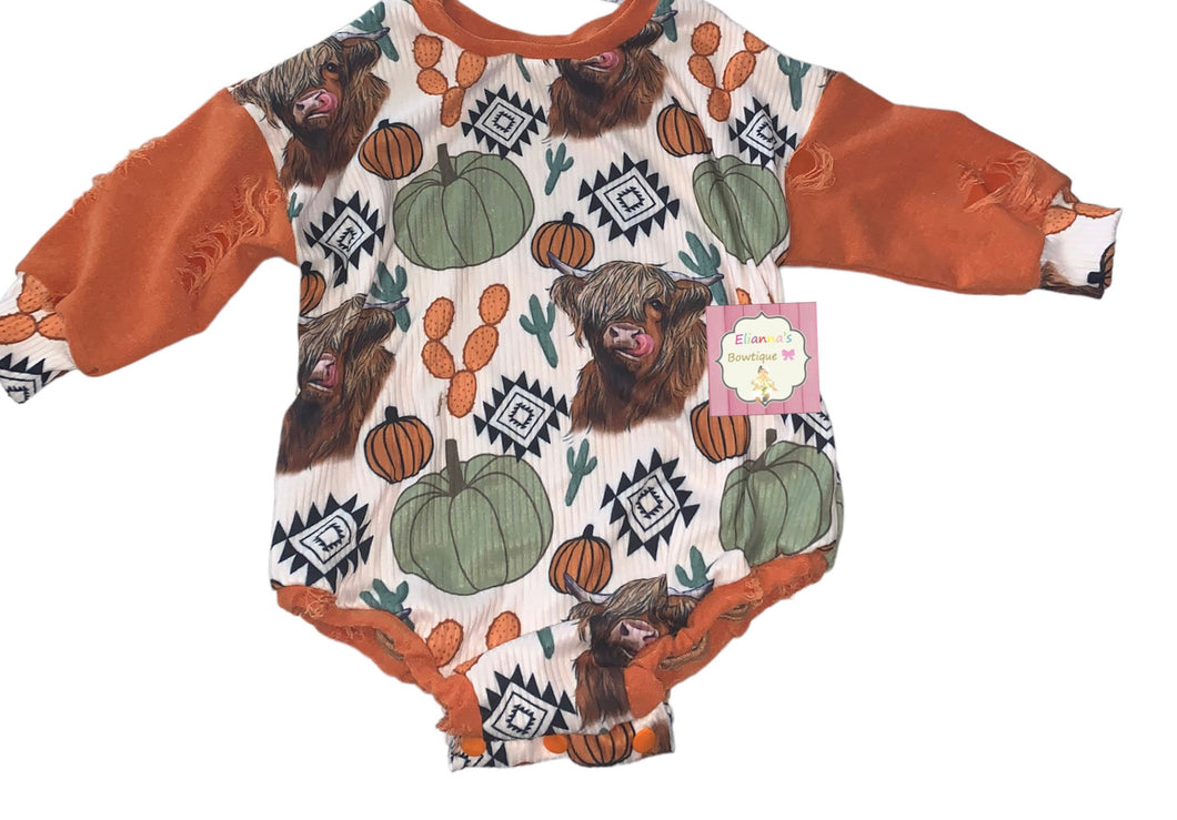 Highland cow bubble sweater romper /fall/pumpkin/unisex/aztec print