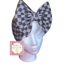 Load image into Gallery viewer, Grey squares headwrap/clip bow/