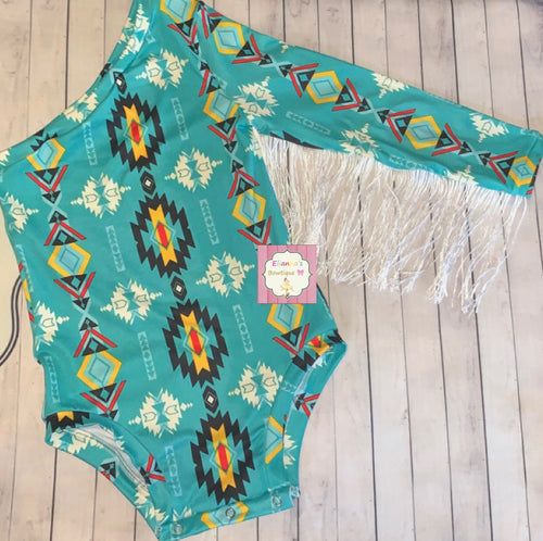 Aztec print one shoulder leotard/fringe / leotardo