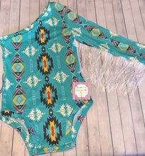 Cargar imagen en el visor de la galería, Aztec print one shoulder leotard/fringe / leotardo