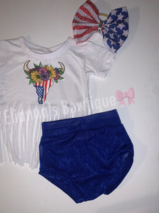 Bull skull 4th of julyset nylon headband ,shirt and bummie/ America/ Veterans Day