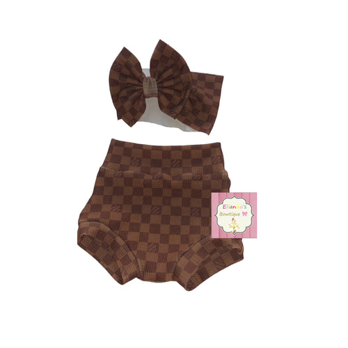 Boujee Brown squares Set headwrap and bummie/checkered