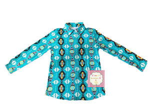 Blue Aztec print boys shirt /Men and kids shirt/niño/ button up shirt/cowboy