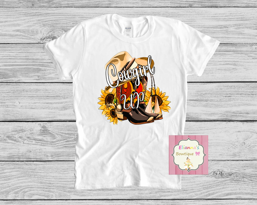 Cowgirl up shirt /boots/sunflower