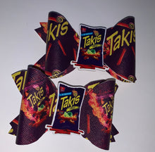 Load image into Gallery viewer, Takis fuego piggy tails Set bows/pares/vinyl/chongitos