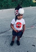 Cargar imagen en el visor de la galería, Baby/toddler set pompoms headwrap and shirt coca cola /