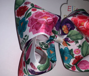 Mexican flowers Hair bow/ embroidery/moños/flores/cinco de mayo