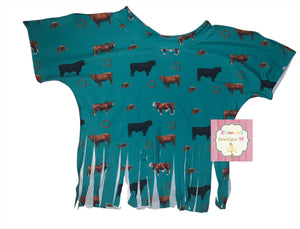 Blue Cattle fringe top / bull shirt/ toros/rodeo