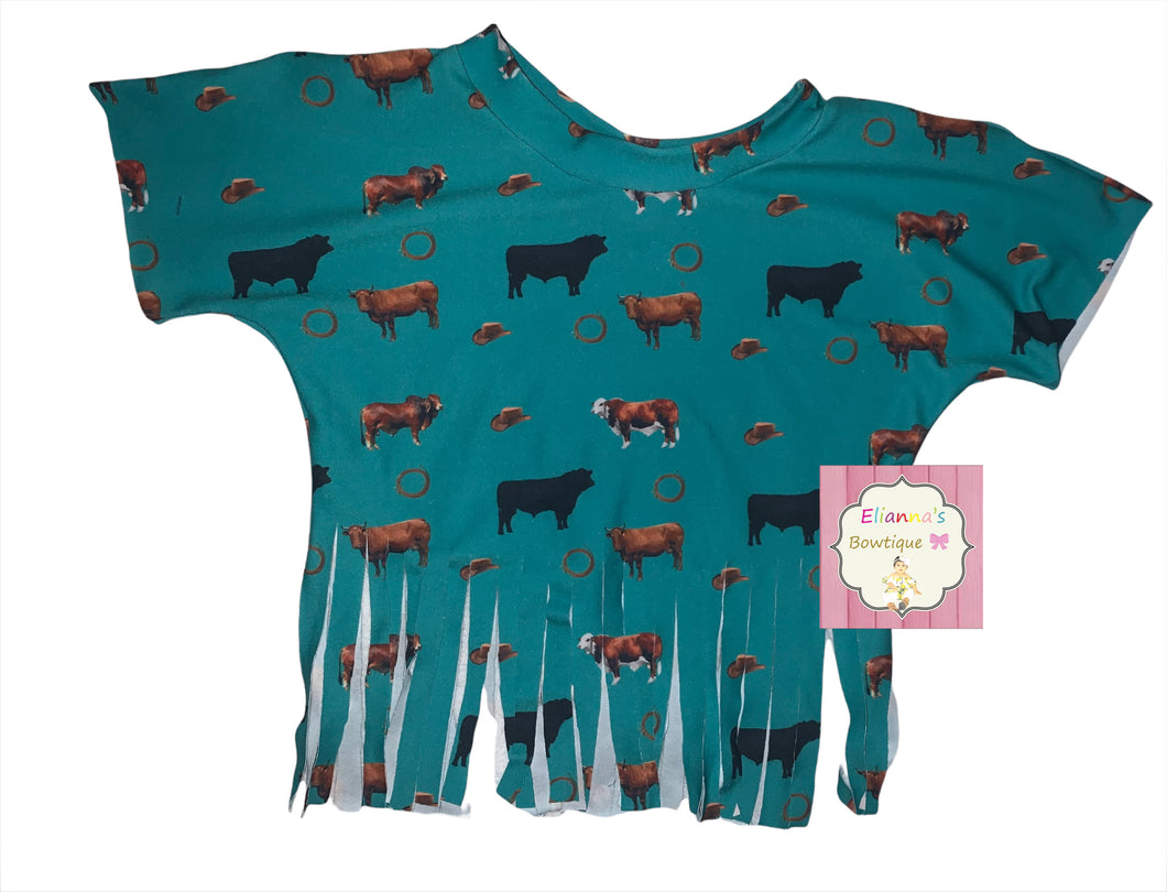 Blue Cattle fringe top / bull shirt/ toros/rodeo