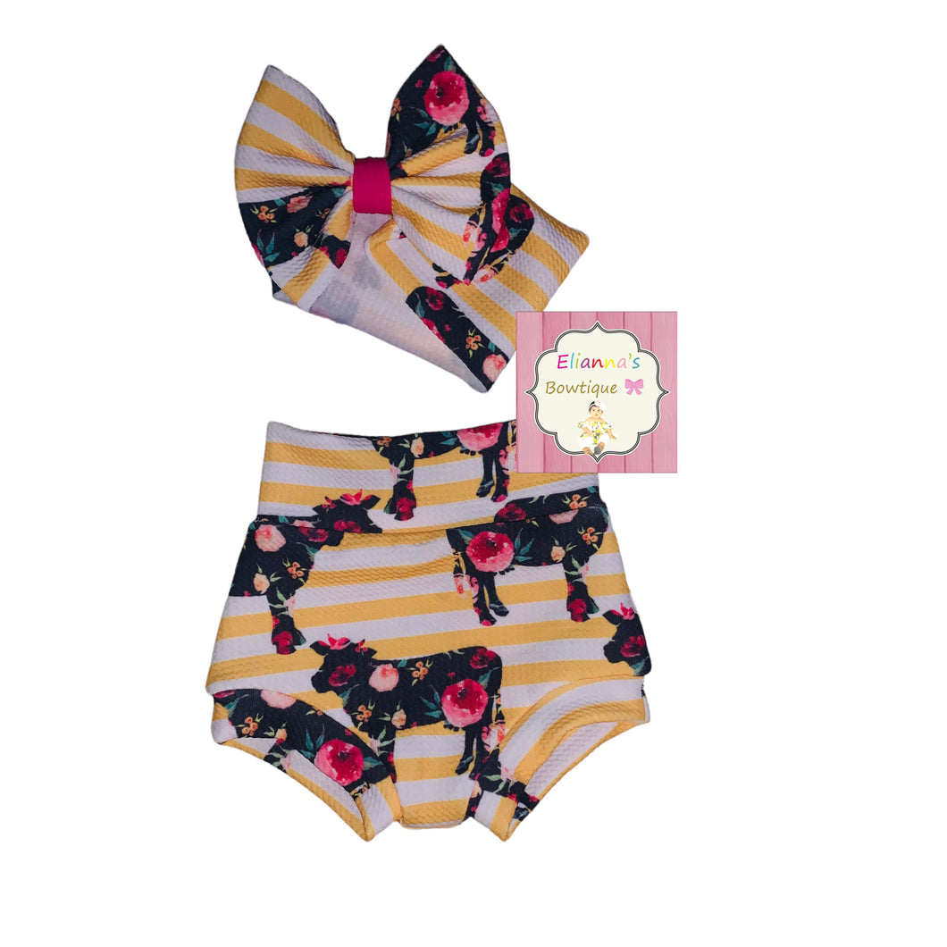 Yellow stipes cow Set headwrap and bummie/vaca