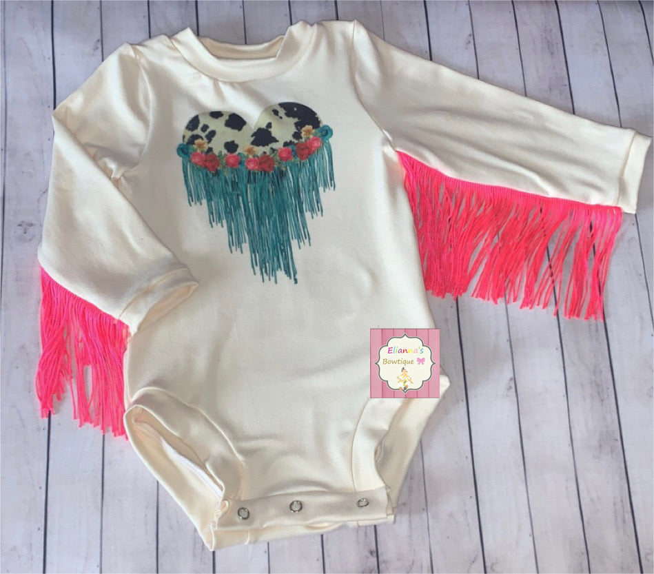 Fringe Cowhide heart leotard/leotardo/turquoise fringe