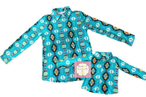 Blue Aztec print boys shirt /Men and kids shirt/niño/ button up shirt/cowboy