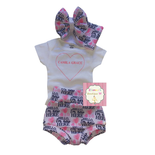 Baby Set Hello i'm new here headwrap ,bummie and custom name onesie