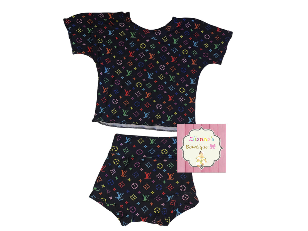 Boujee Black Multicolor set Top & bummie/shirt/ multi-color