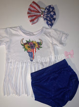 Cargar imagen en el visor de la galería, Bull skull 4th of julyset nylon headband ,shirt and bummie/ America/ Veterans Day