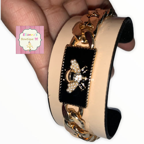 Bee Daring Goldtone Chain and Beige Cuff Bracelet