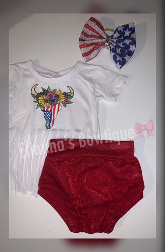 Bull skull flowers 4th of july set nylon headband ,shirt and bummie/