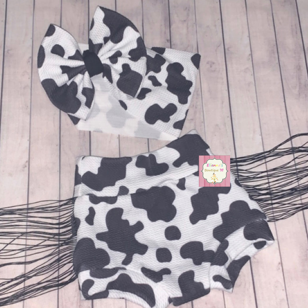 Baby set cow print headwrap  and fringe bummies /vaca