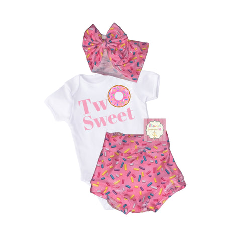 Donut  birthday outfit Set headwrap,bummie and Shirt/two sweet/sprinkles