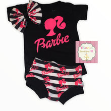 Cargar imagen en el visor de la galería, Barbie set pink stripes set shirt ,bow and bummie 3pcs - Elianna&#39;s Bowtique