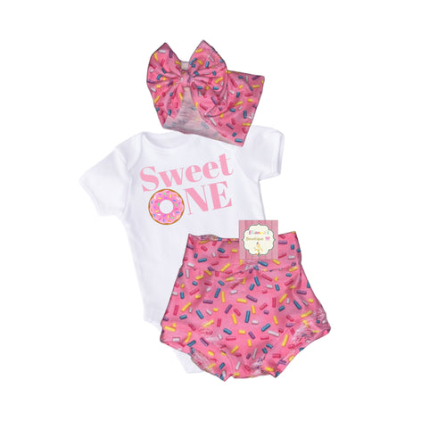 Donut first birthday outfit Set headwrap,bummie and Shirt/sweet one/sprinkles